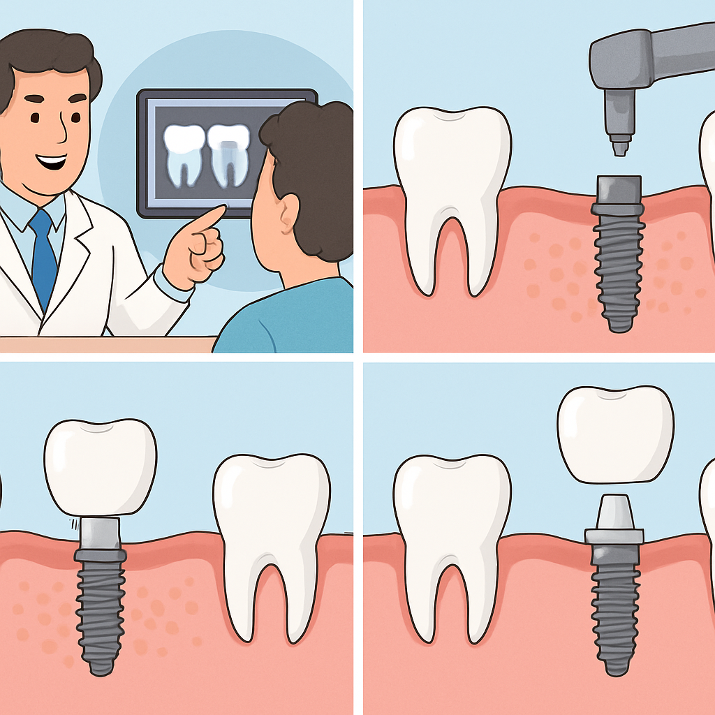 An animated diagram showcasing the tooth placement process, from initial consultation and implant placement to abutment and final crown fitting. No text on the image.