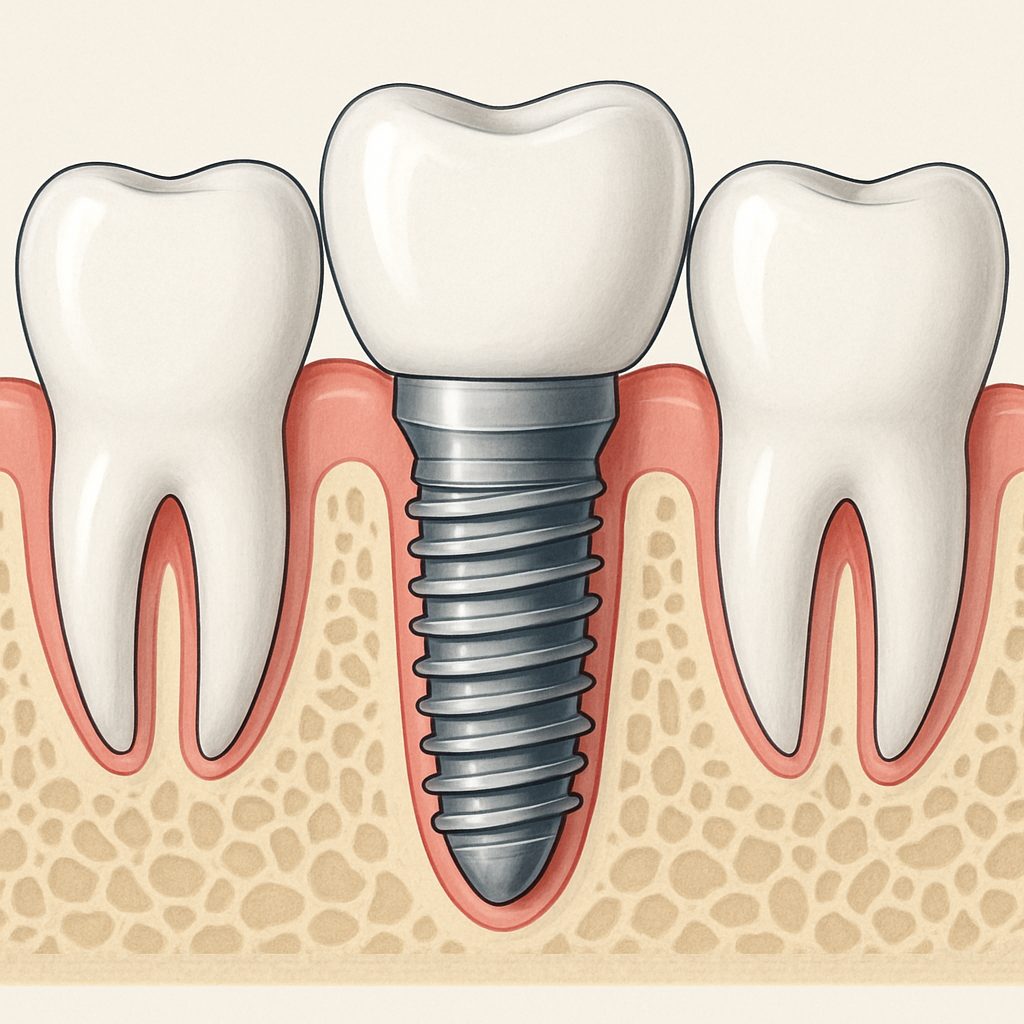 A dentist is consulting with a patient, showing x-rays and 3D scans of the jawbone, illustrating the dental implant process and discussing a treatment plan. No text on image.