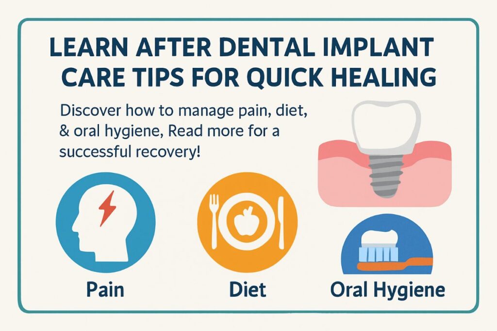 Image of a smiling woman who has recently undergone dental implant surgery, receiving post-operative instructions from her dentist. The dentist is pointing to an informational pamphlet titled "After Dental Implant Care: A Guide to Healing".