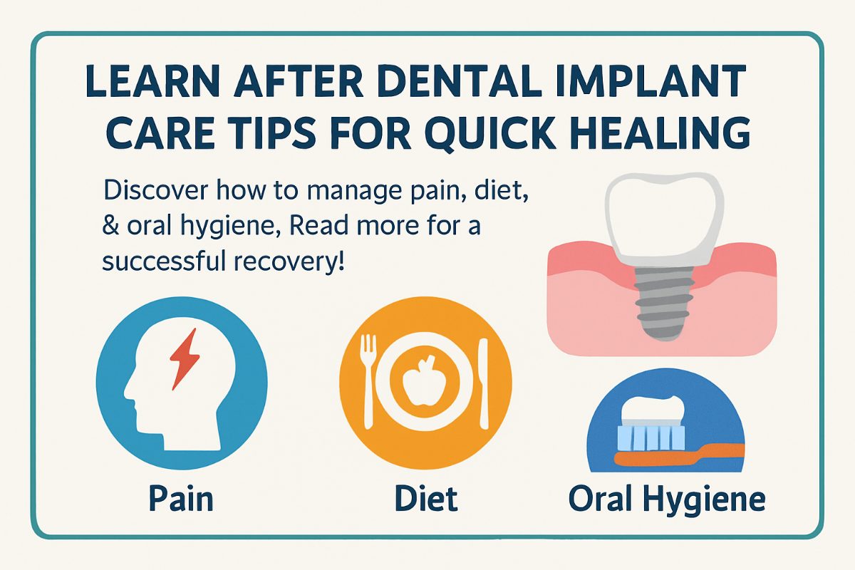 Image of a smiling woman who has recently undergone dental implant surgery, receiving post-operative instructions from her dentist. The dentist is pointing to an informational pamphlet titled "After Dental Implant Care: A Guide to Healing".